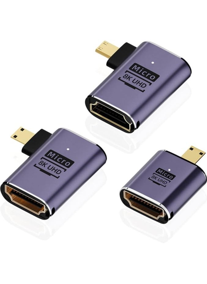 Micro HDMI to HDMI Adapter, 3 Pcs 8K 90 Degree Left and Right Angle, Micro HDMI Male to HDMI Female Cable, for Sony A6000, Raspberry Pi 4, GoPro Hero 7 and Other Sport Camera