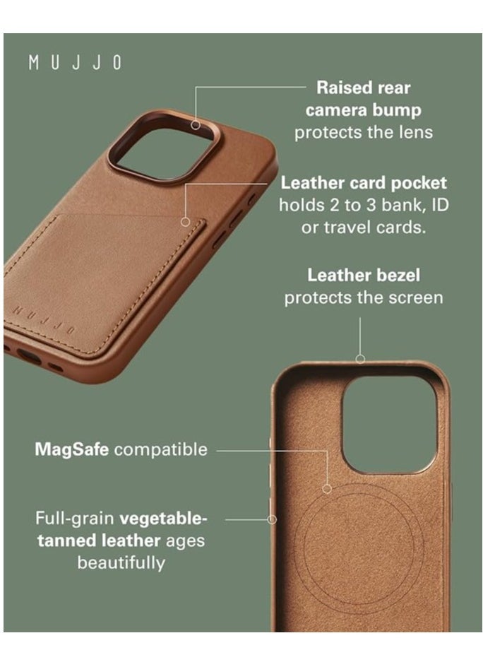 Mujjo Leather Wallet Case for iPhone 15 Pro - Premium European Leather Case with Card Pocket, Enhanced Phone & Camera Lens Protection, MagSafe Compatible - iPhone 16 Pro Card Wallet Case (Dark Tan)