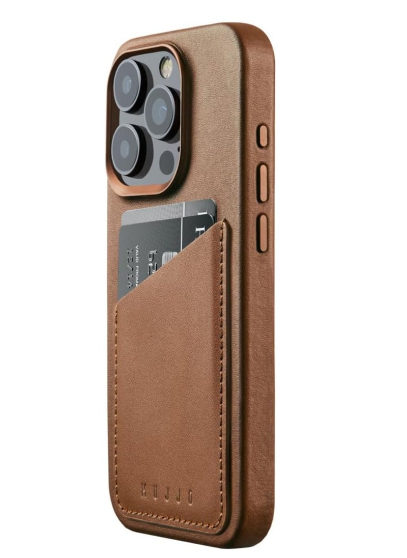 Mujjo Leather Wallet Case for iPhone 15 Pro - Premium European Leather Case with Card Pocket, Enhanced Phone & Camera Lens Protection, MagSafe Compatible - iPhone 16 Pro Card Wallet Case (Dark Tan)