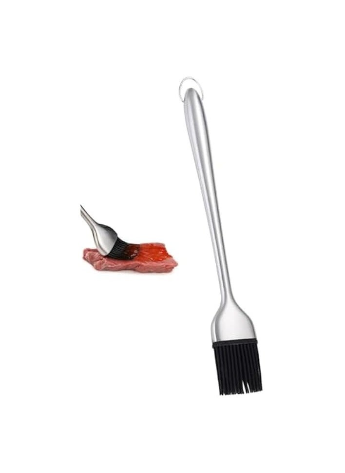 Stainless Steel Long Handle Basting Brush with Silicone brush hairs - Versatile BBQ Oil Sauce and Butter Brush for Kitchen Cooking and Grilling - Durable Pastry Brush