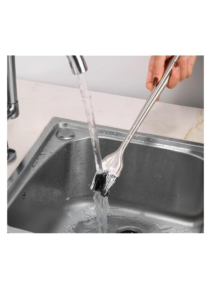 Stainless Steel Long Handle Basting Brush with Silicone brush hairs - Versatile BBQ Oil Sauce and Butter Brush for Kitchen Cooking and Grilling - Durable Pastry Brush