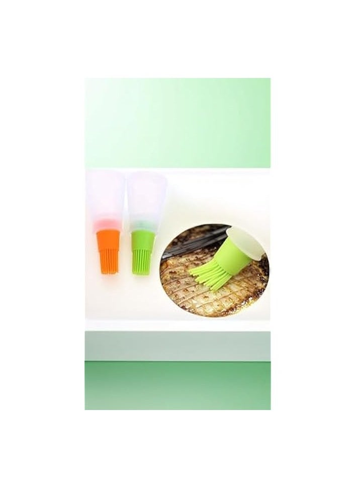 BBQ Pastry Basting Brushes, Heat-Resistant Silicone Oil Bottle Brushes for Sauce, Honey, Grill & Cake, for Barbecue, Cooking, Frying - Kitchen Tools Set of 2, Green & Orange