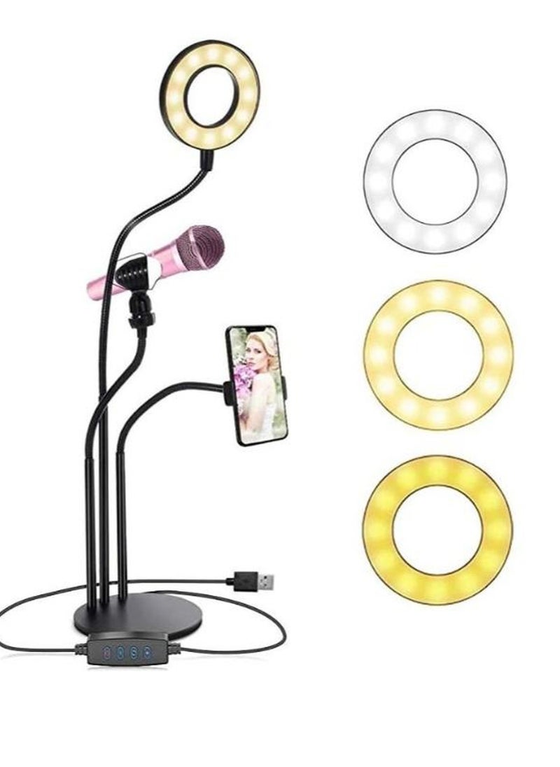 3 in 1 Professional Live Broadcasting Kit with Mini USB Ring Mic Stand and Mobile Phone Webcam Stand Premium Stand for Makeup Video Shooting, Live Video Calling and More