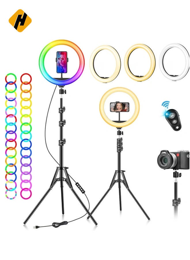 Ring Light with Tripod Stand & Phone Holder, 10 inch Selfie LED Ringlight Dimmable Desktop 40 Colors RGB Tall Circle Light for Camera Makeup Video YouTube TikTok Live Streaming Zoom Meeting