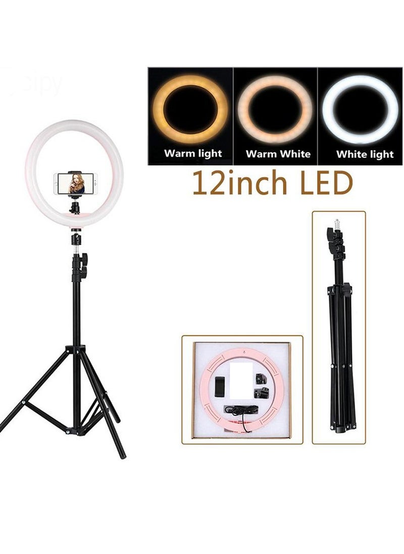 12 inch LED Ring Light With Tripod Stand And Phone Holder Black