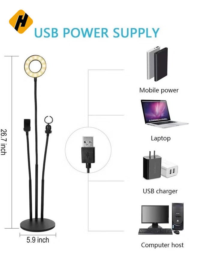 Selfie Ring Light Stand with Microphone Holder,LED Ring Light for Live Stream/Makeup/YouTube Video - 3-Light Mode - 10-Level Brightness