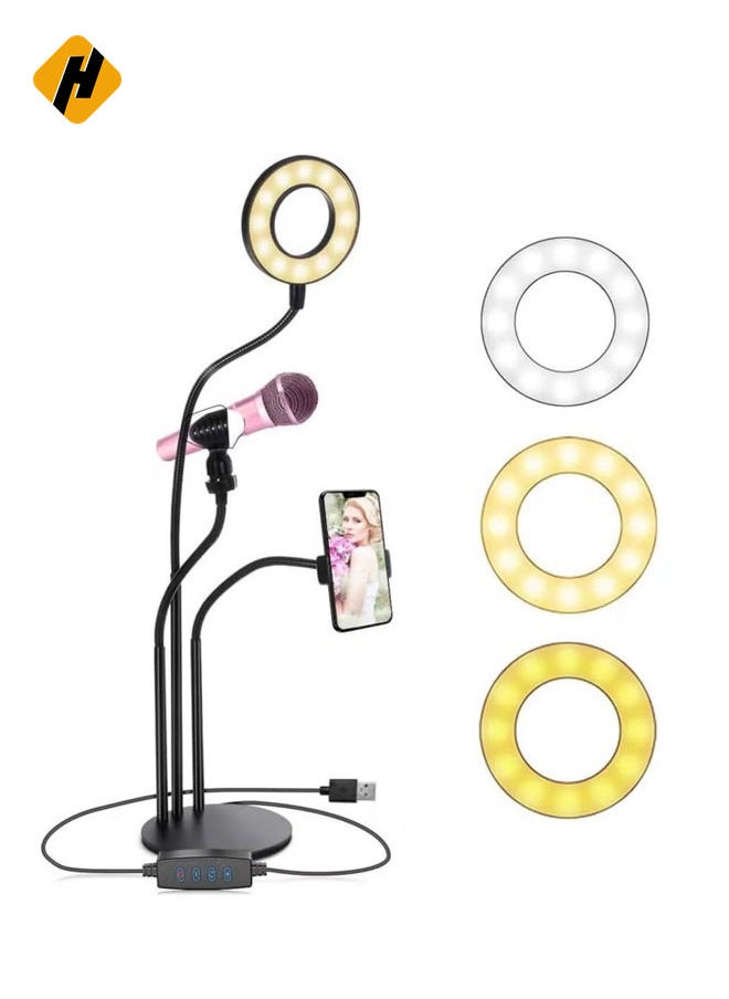 Selfie Ring Light Stand with Microphone Holder,LED Ring Light for Live Stream/Makeup/YouTube Video - 3-Light Mode - 10-Level Brightness