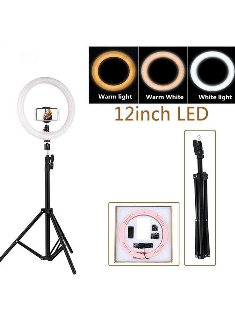 12 inch LED Ring Light With Tripod Stand And Phone Holder Black