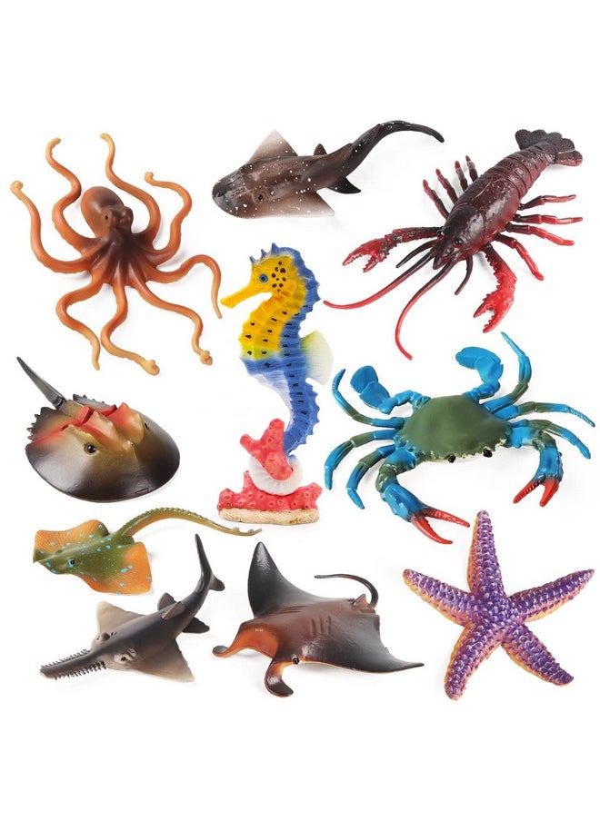 Ocean Sea Animals Toys Figures, 10Pcs Large Plastic Sea Creature Toys Ocean Animals Figurines Sea Horse Starfish Crab Lobster Octopus Devilfish Rays Under The Sea Life Figures Cake Toppers Decoration