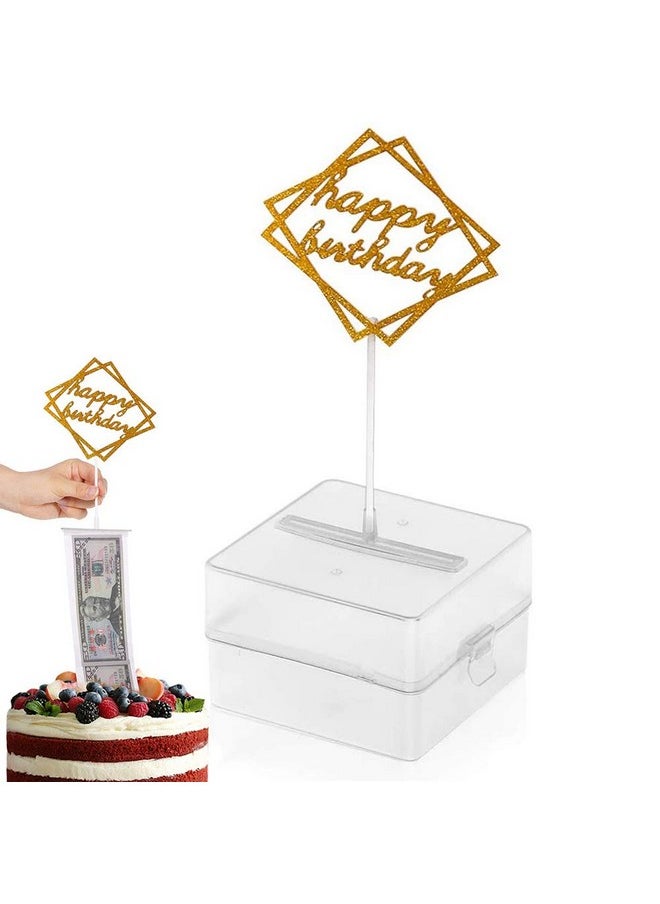 The Money Cake, Cake Money Box-Cake Money Pull Out Kit Includes 1Pc Clear Food-Contact Safe Box, 1Pc Gold Cake Topper, 20Pcs Pockets For Birthday Party Cake Decorations