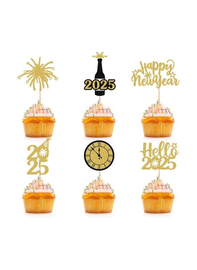 24 Pcs Happy New Year Cupcake Topper Glitter Hello 2025 Cake Pick Black Gold Cake Decorations for Welcome 2025 Happy New Year Theme Party Supplies