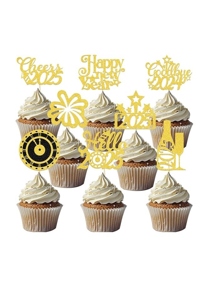 24 Pcs Happy New Year Cupcake Toppers New Year Cake Decorations Happy New Year Decorations Cheers to 2025 Party Decor Supplies Gold Black