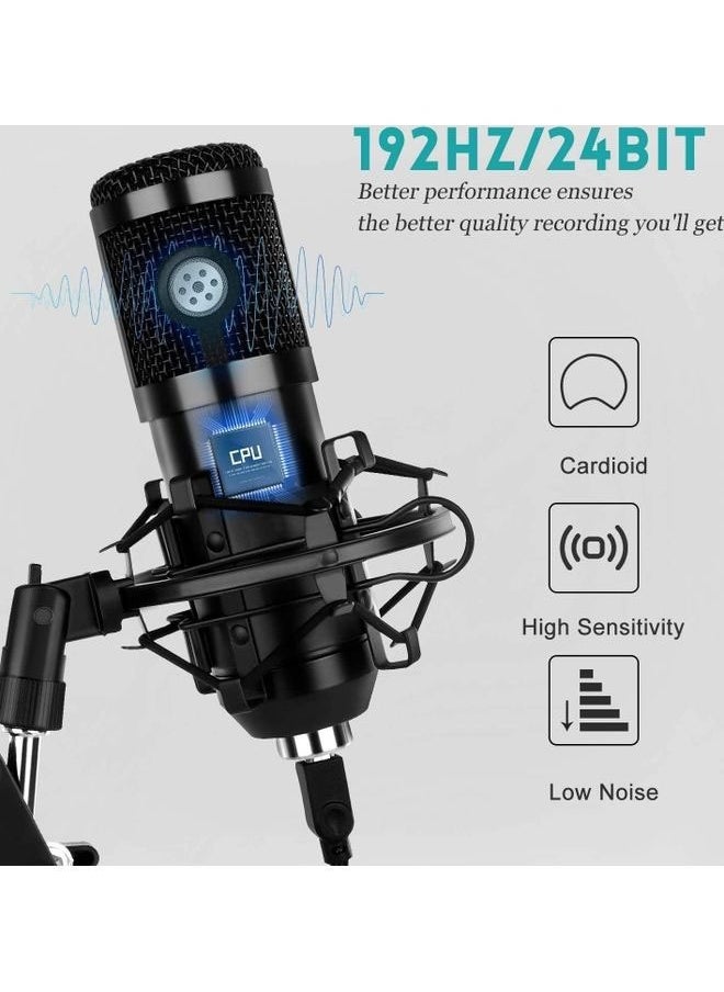 USB Condenser Microphone Kit Plug and Play Streaming Podcast PC Mic With Sound Card Boom Arm Shock Mount Pop Filter Professional Recording Microphone For  Youtuber