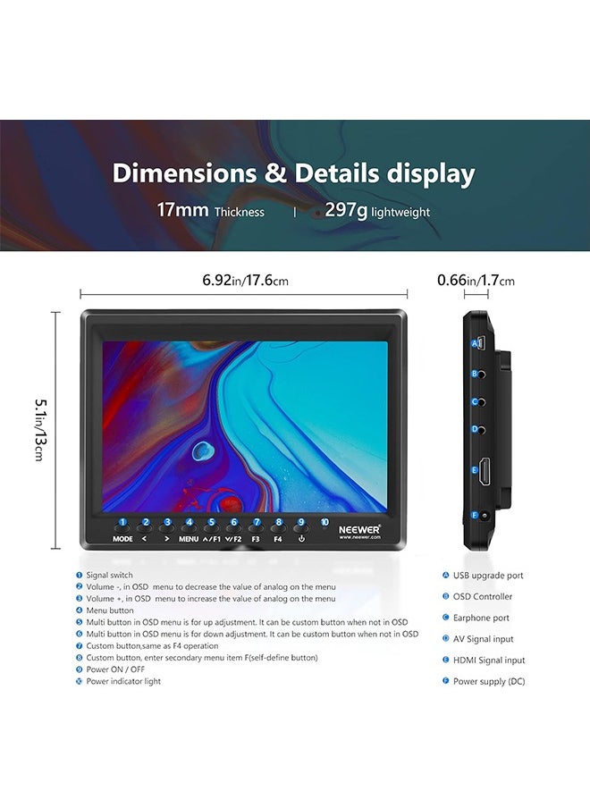 Neewer F100 7inch Camera Field Monitor HD Video Assist IPS 1280x800 HDMI Input 1080p with Sunshade and Ball Head for DSLR Cameras, Handheld Stabilizer, Film Video Making Rig (Battery Not Included)