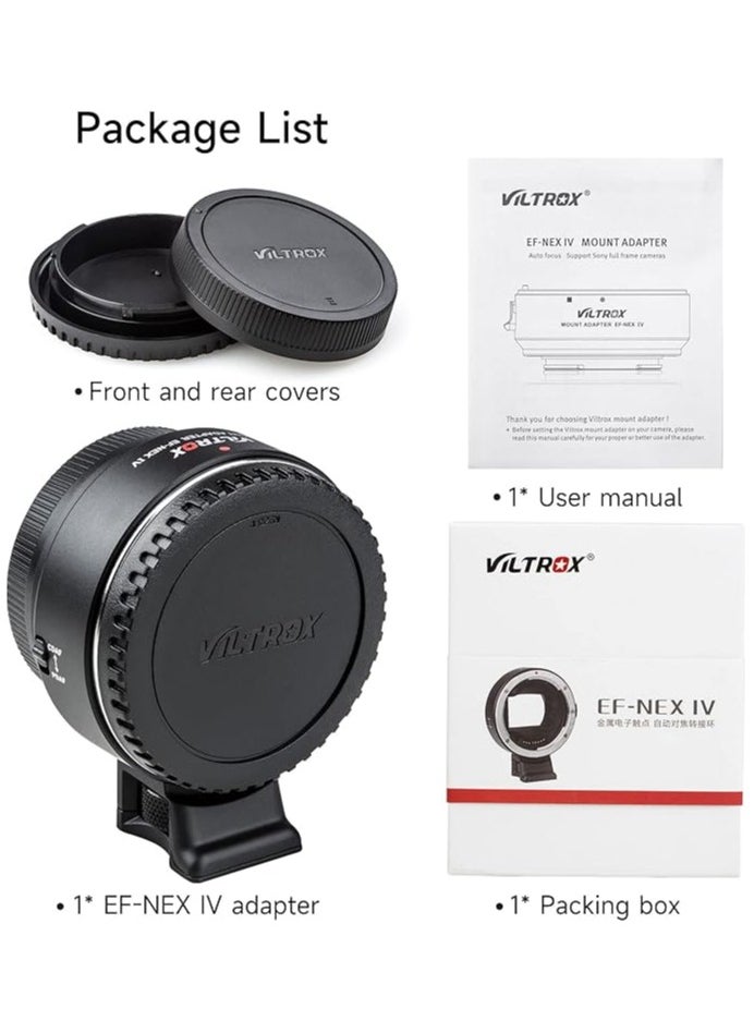 VILTROX EF-NEX IV Lens Mount Adapter CDAF/PDAF with Aperture Control EXIF Transmitting Auto Focus Adapter for Canon EF/EF-S Lens to Sony A9 A7RIII A7RII A7III A7II A6300 A6500 E-Mount Cameras