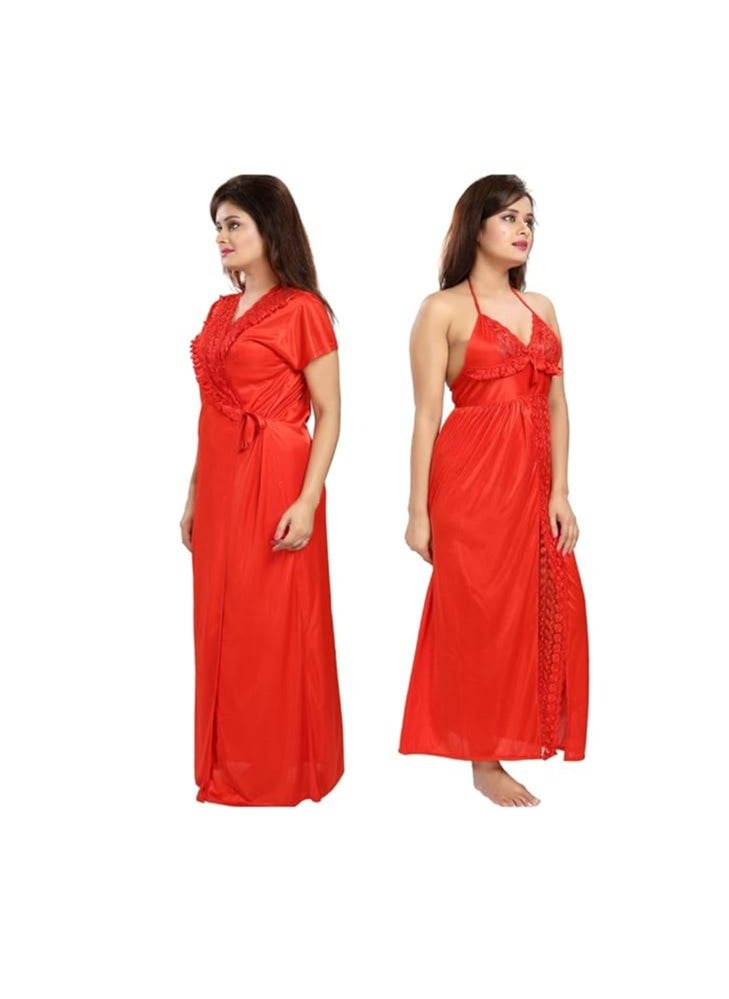 Women's Satin Solid Maxi (Size - Free Size) (Nightwear Set Pack of 2)
