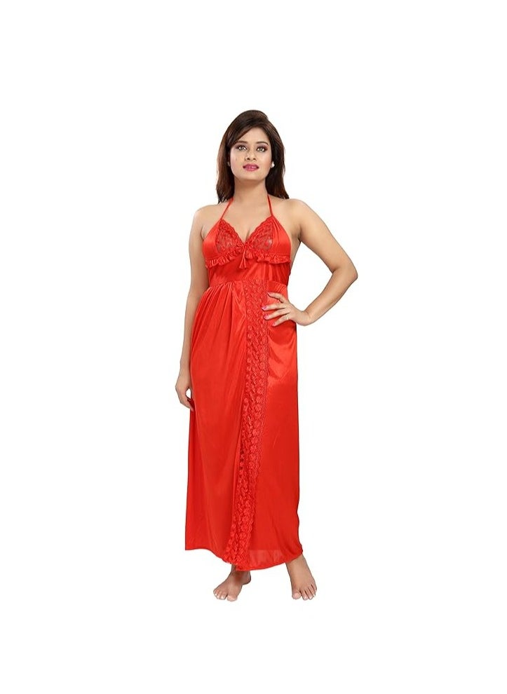 Women's Satin Solid Maxi (Size - Free Size) (Nightwear Set Pack of 2)