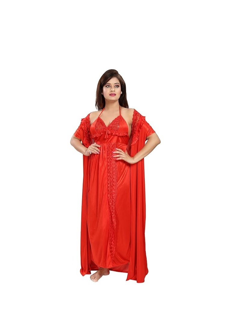 Women's Satin Solid Maxi (Size - Free Size) (Nightwear Set Pack of 2)