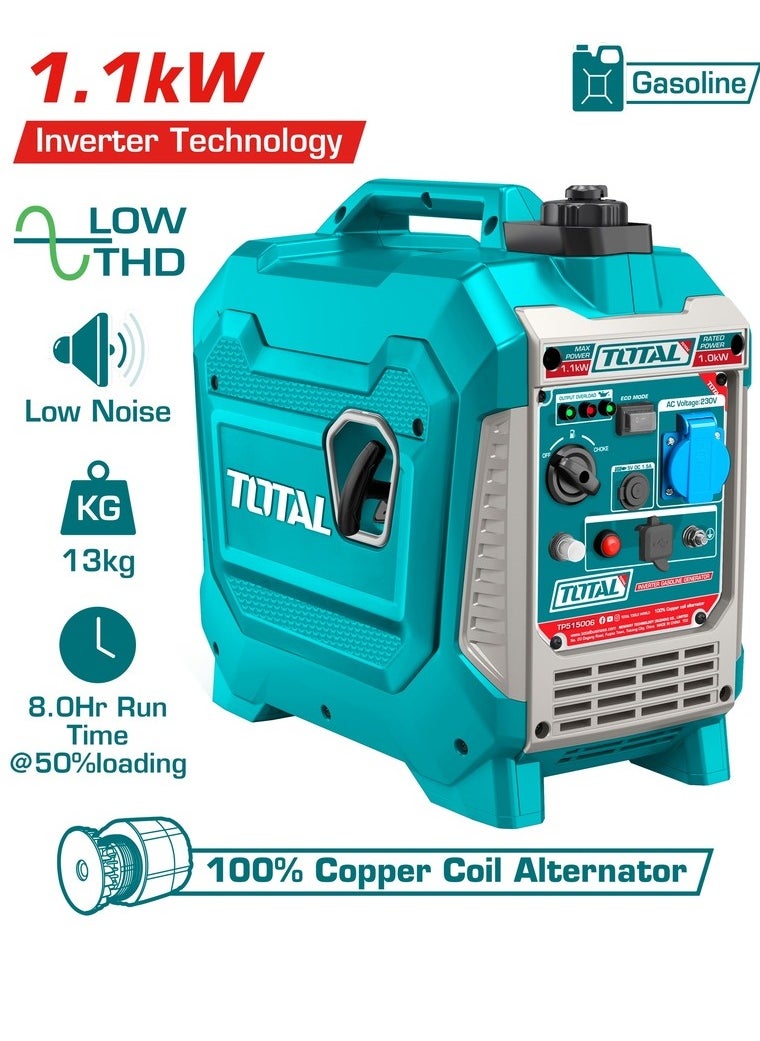 TOTAL Inverter Gasoline Generator 1100W - TP515006, 1.0kW Rated Output, Pure Sine Wave, 8 Hour Runtime, 56cc Engine, 62dB Noise, Ideal for Camping, Home Backup, and Small Appliances