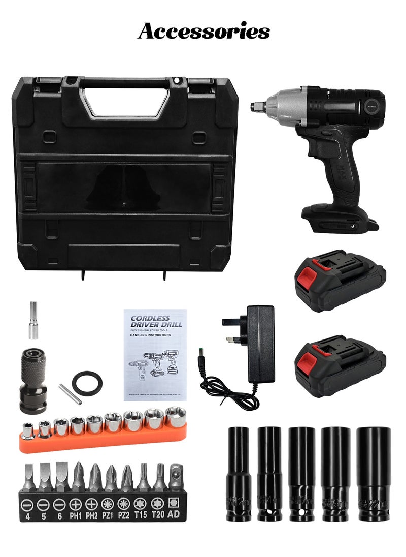 Electric Wrench Kit - Powerful Torque - Cordless Impact Drill Set with 2 Batteries, Hexagon Deep Socket, Screwdriver Bits, Twist Drill Bits, Storage Box - Home Tool Kit