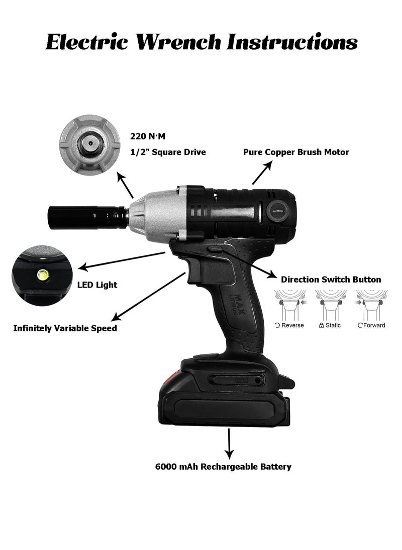 Electric Wrench Kit - Powerful Torque - Cordless Impact Drill Set with 2 Batteries, Storage Box - Home Tool Kit