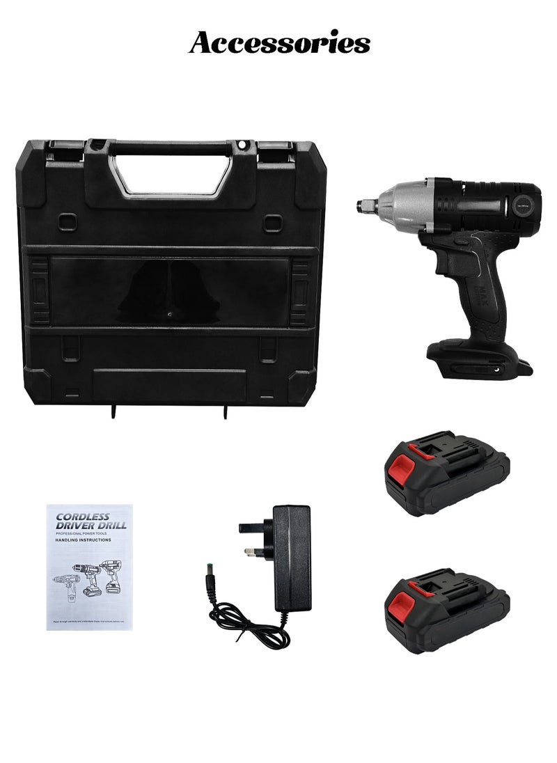 Electric Wrench Kit - Powerful Torque - Cordless Impact Drill Set with 2 Batteries, Storage Box - Home Tool Kit