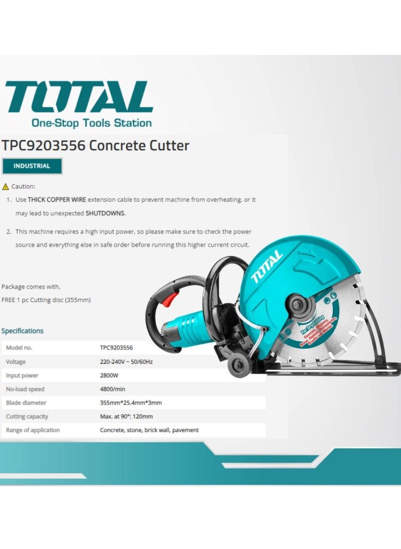 TOTAL Power Cutter 2800W - 355mm Blade, 4800rpm No-Load Speed, 120mm Max Cutting Depth, Includes Extra Carbon Brushes, Cutting Disc & 5m Water Pipe – Heavy Duty Cutter for Metal, Concrete & Stone