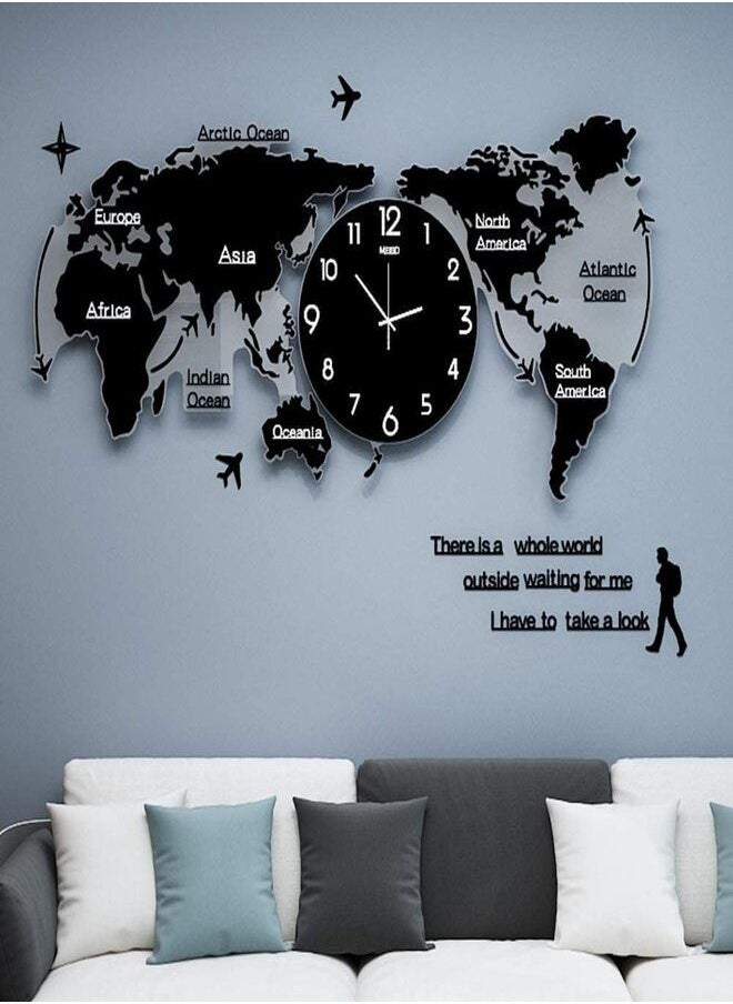 3D Acrylic World Map with Clocks Set Living Room Decorated Modern Wall Clock Black Decoration Wall Art