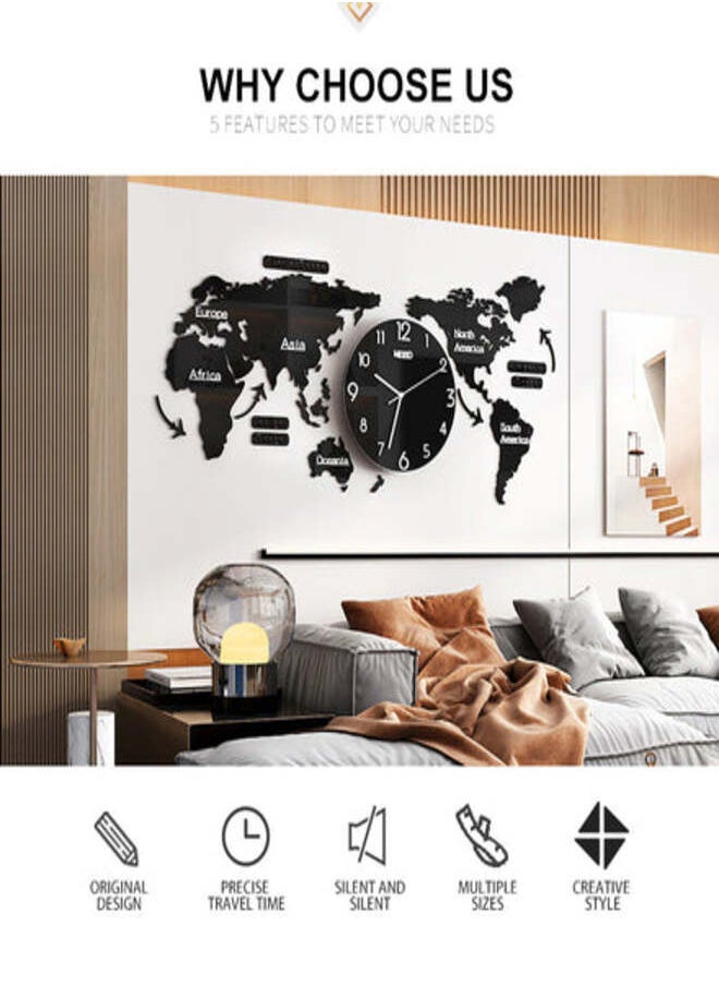 3D Acrylic World Map with Clocks Set Living Room Decorated Modern Wall Clock Black Decoration Wall Art