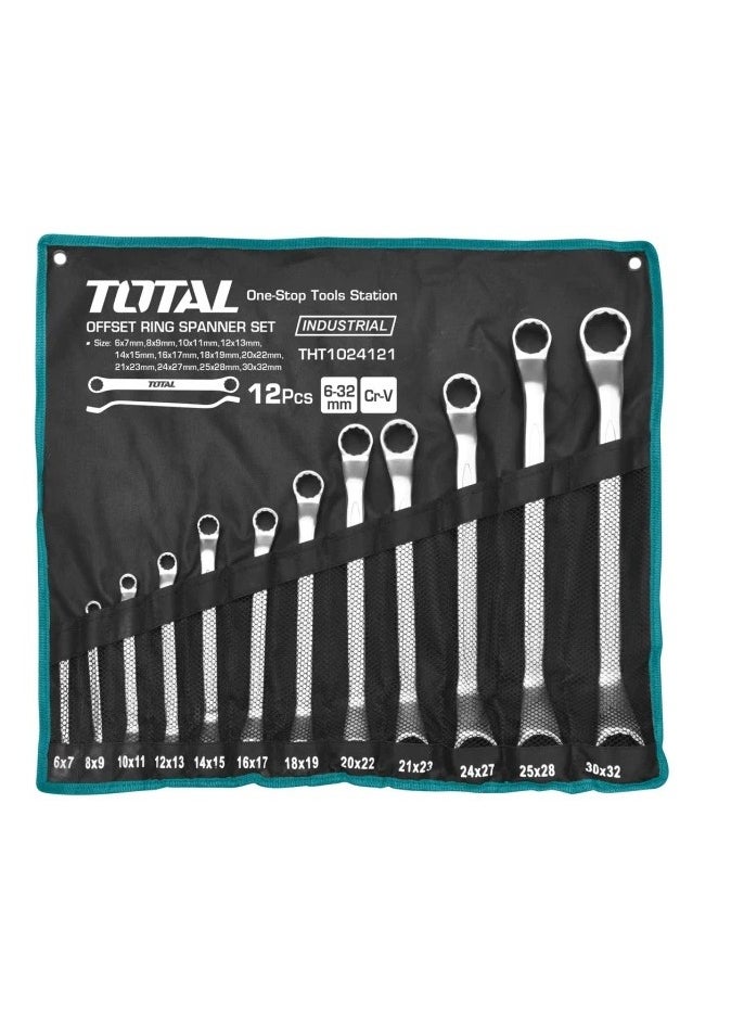 TOTAL 12PCS Offset Ring Spanner Set, 6-32mm, High-Quality Chrome Vanadium Steel, Fine Polished, Includes 6x7mm to 30x32mm Sizes, Comes with Canvas Bag for Auto & Home Use