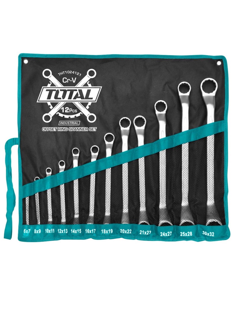 TOTAL 12PCS Offset Ring Spanner Set, 6-32mm, High-Quality Chrome Vanadium Steel, Fine Polished, Includes 6x7mm to 30x32mm Sizes, Comes with Canvas Bag for Auto & Home Use