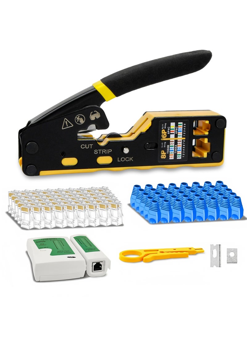 RJ45 Crimping Tool Set, RJ45 Crimp Tool Pass Through Kit with Network Cable Tester, 50Pcs Cover Boots, 50Pcs Connectors, Mini Wire Stripper, Ethernet CAT5 Cat5e Cat6 Crimper Tool Kit