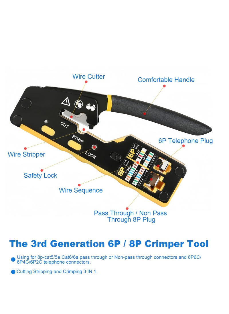 RJ45 Crimping Tool Set, RJ45 Crimp Tool Pass Through Kit with Network Cable Tester, 50Pcs Cover Boots, 50Pcs Connectors, Mini Wire Stripper, Ethernet CAT5 Cat5e Cat6 Crimper Tool Kit