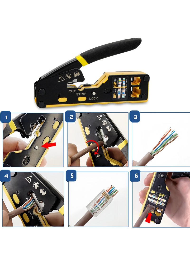 RJ45 Crimping Tool Set, RJ45 Crimp Tool Pass Through Kit with Network Cable Tester, 50Pcs Cover Boots, 50Pcs Connectors, Mini Wire Stripper, Ethernet CAT5 Cat5e Cat6 Crimper Tool Kit