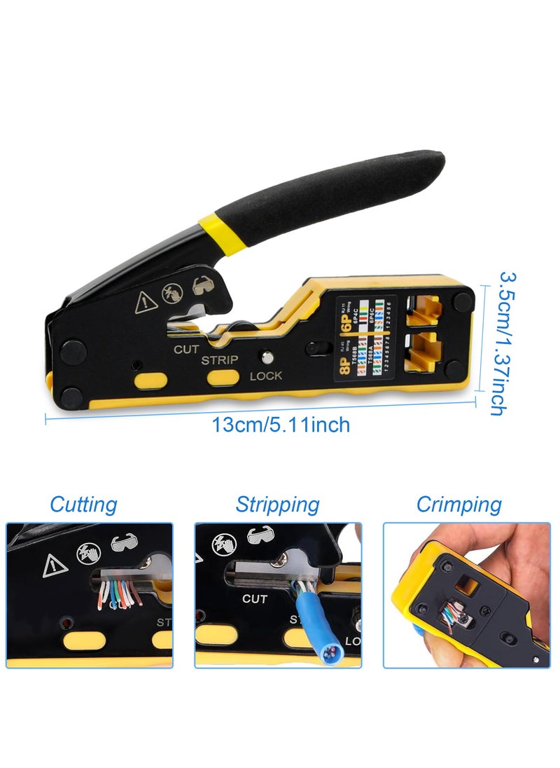 RJ45 Crimping Tool Set, RJ45 Crimp Tool Pass Through Kit with Network Cable Tester, 50Pcs Cover Boots, 50Pcs Connectors, Mini Wire Stripper, Ethernet CAT5 Cat5e Cat6 Crimper Tool Kit