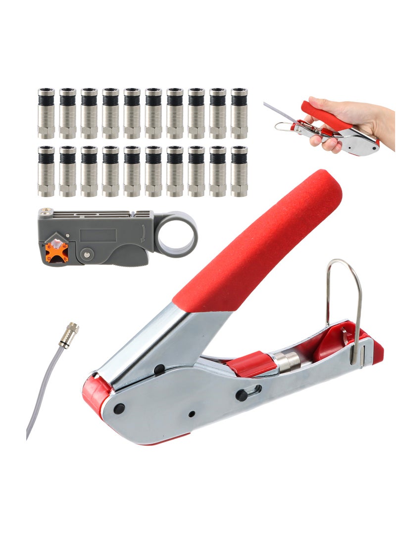 Crimping Pliers Stripping Tool with 20 pieces of Compression F-Connectors, RG6 Crimping Pliers Connector Tool