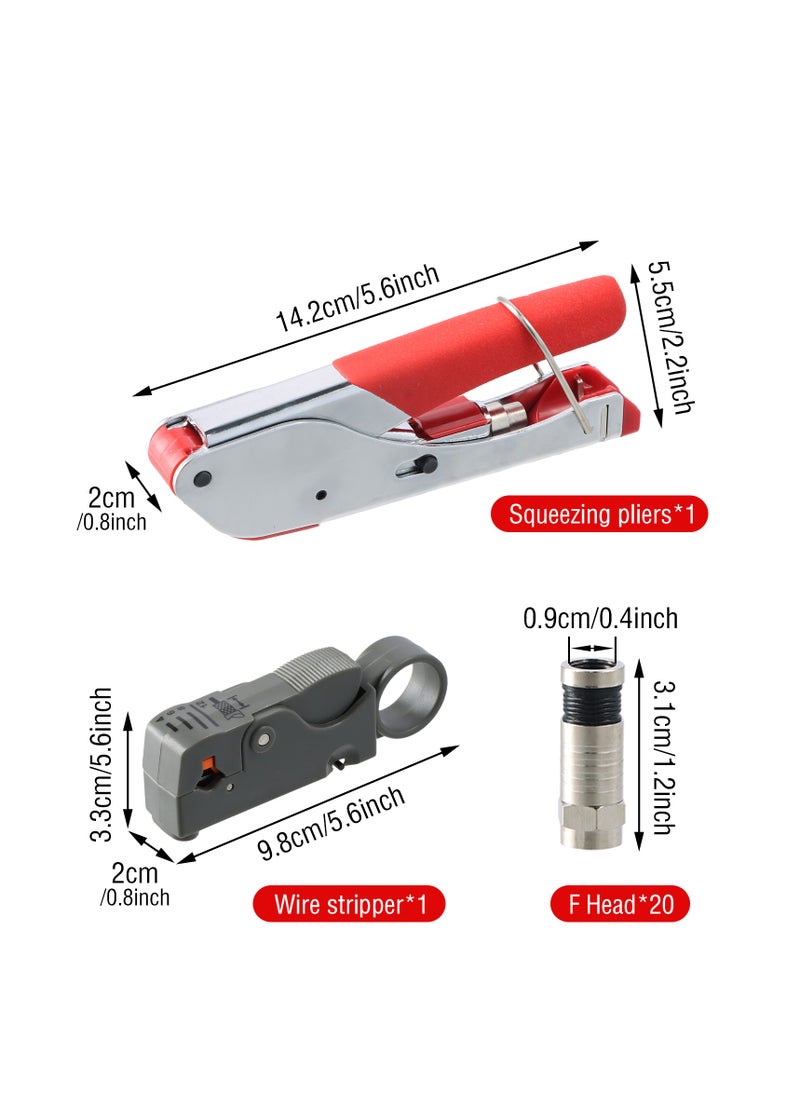 Crimping Pliers Stripping Tool with 20 pieces of Compression F-Connectors, RG6 Crimping Pliers Connector Tool