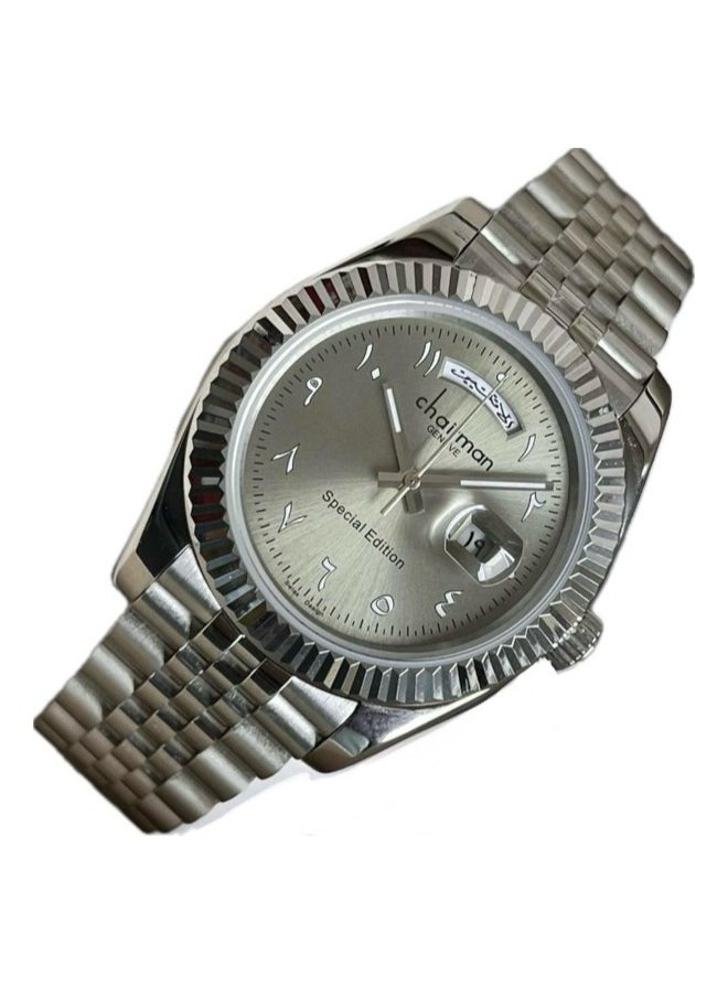 Men's Silver Stainless Steel Wrist Watch, Day/Date with Grey Dial and Arabic Numbers