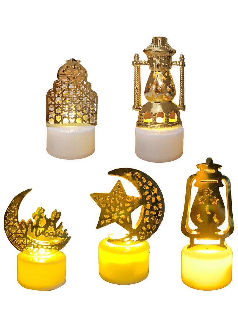 5Pcs Ramadan Mini Lantern Lights Decoration, Moon Castle Lighthouse Eid Mubarak Lamp Battery Included Plastic LED Night Light for Eid Ramadan Party Home Indoor Outdoor Bedroom Tabletop Decor