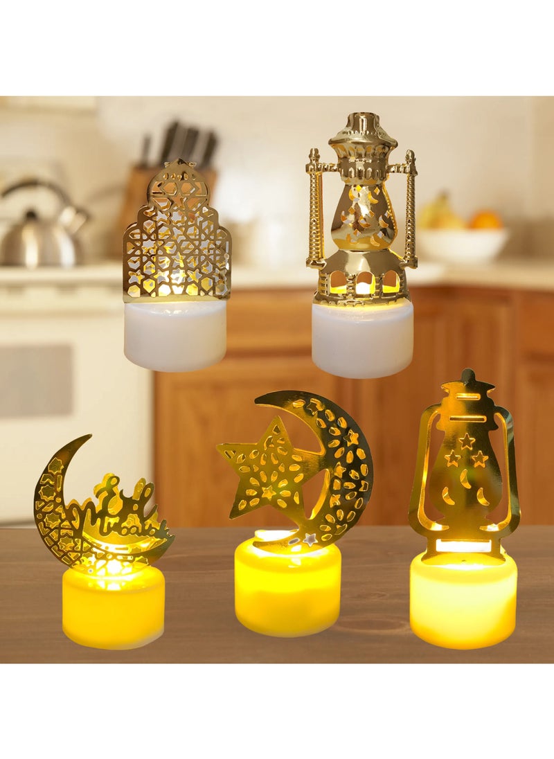 5Pcs Ramadan Mini Lantern Lights Decoration, Moon Castle Lighthouse Eid Mubarak Lamp Battery Included Plastic LED Night Light for Eid Ramadan Party Home Indoor Outdoor Bedroom Tabletop Decor