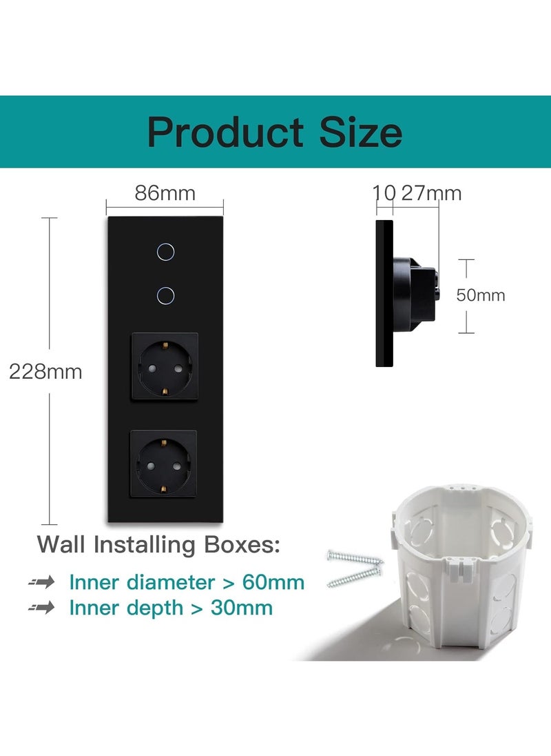 Normal Socket with Smart Alexa Light Switch, Glass WiFi Touchscreen, Double Plug, Double 1-Way, Black Compatible with Alexa/Tuya/Google Home/Smart Life