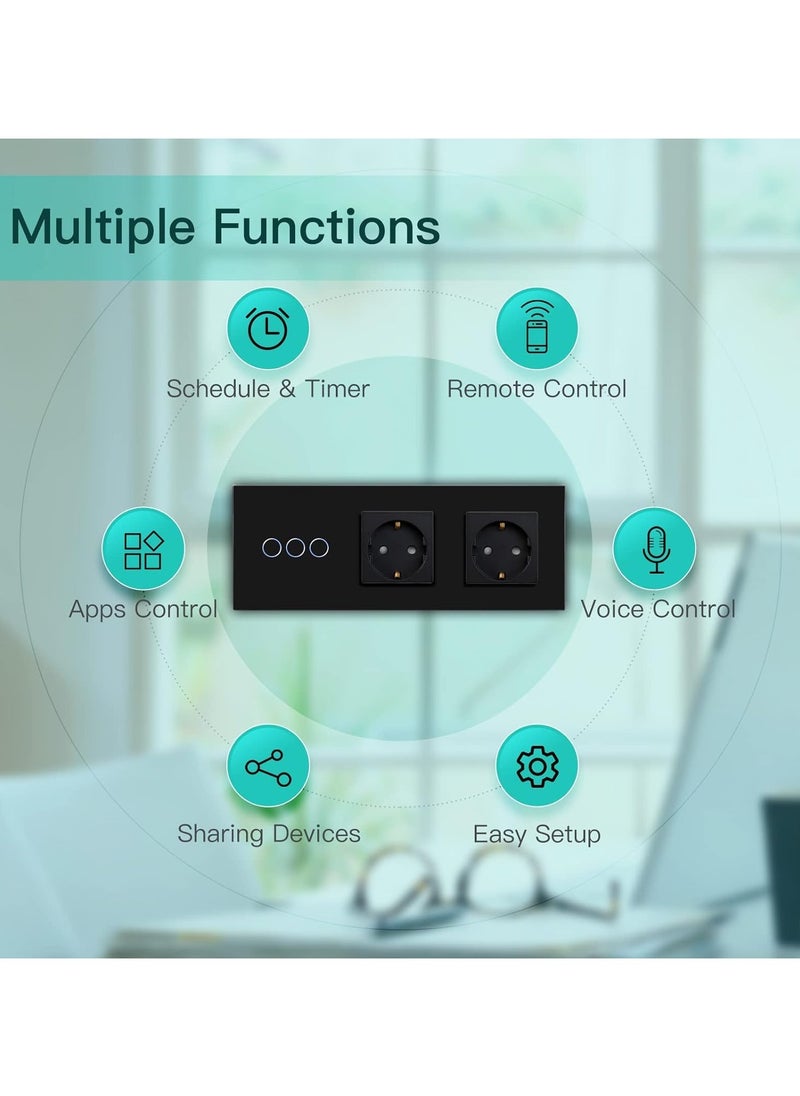 Normal Schuko Socket with Smart Alexa WiFi Touch Sensor Switch, 16A Power Plug, Glass Panel Neutral Conductor Required