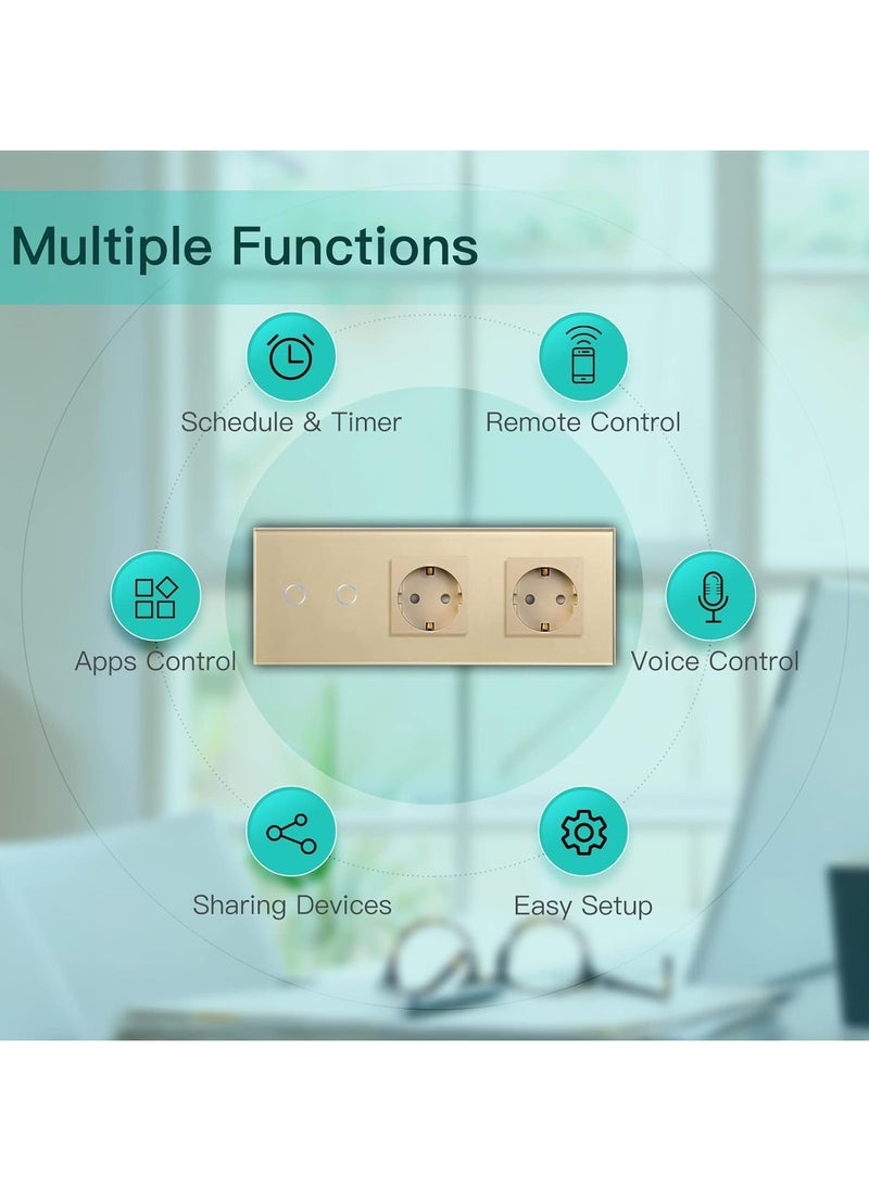 Normal Schuko Socket with Smart Alexa WiFi Touch Sensor Switch, 16A Power Plug, Glass Panel Neutral Conductor Required, Grey