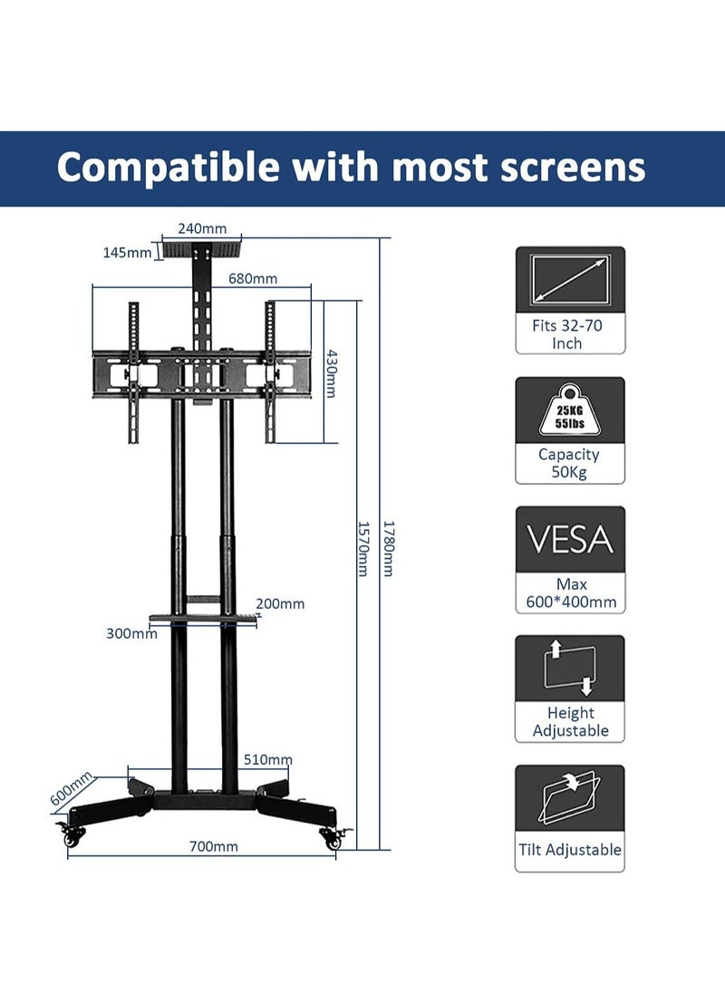 Mobile TV Stand Rolling TV Cart Floor TV Stand Trolley for 32” to 70” LCD LED Flat Curved Screen Tilt Height Adjustable TV Stand Mounted with Wheels 2 Media Shelves Cable Management