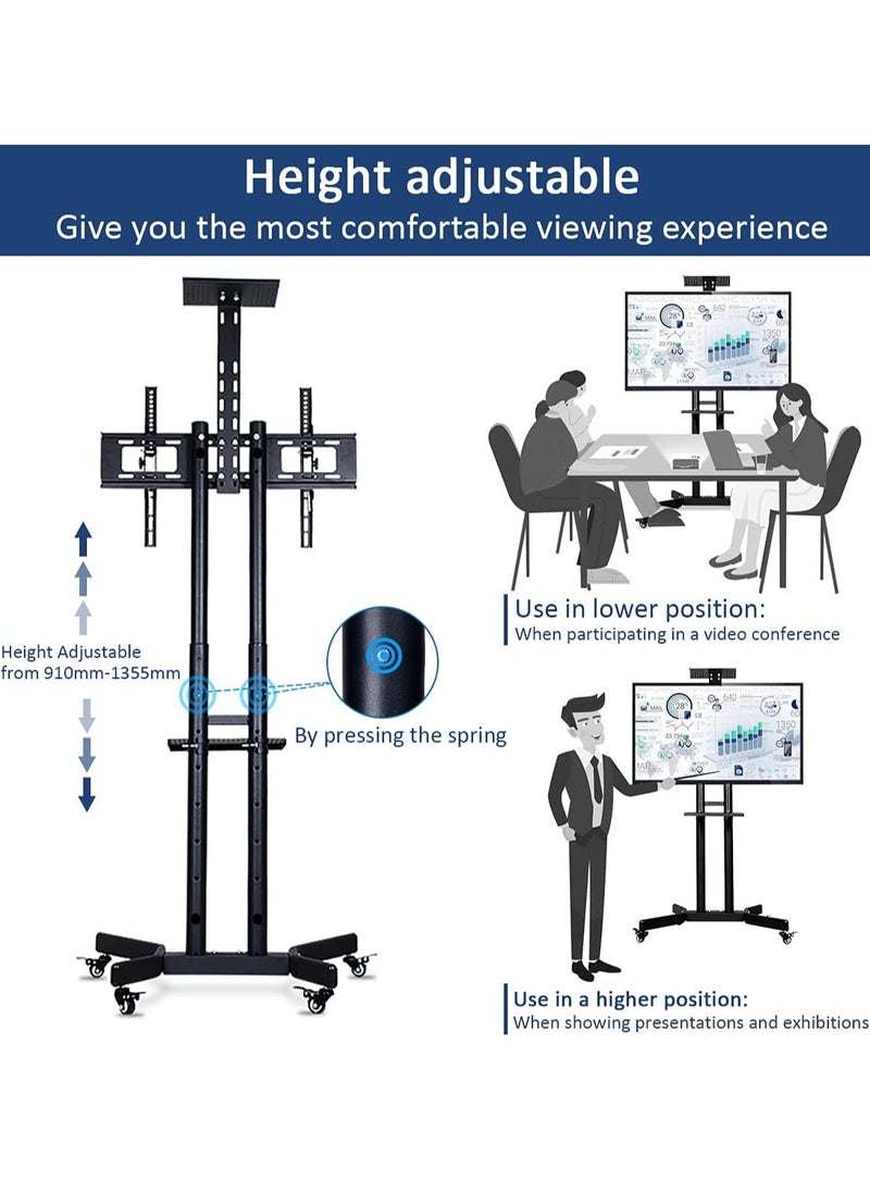 Mobile TV Stand Rolling TV Cart Floor TV Stand Trolley for 32” to 70” LCD LED Flat Curved Screen Tilt Height Adjustable TV Stand Mounted with Wheels 2 Media Shelves Cable Management