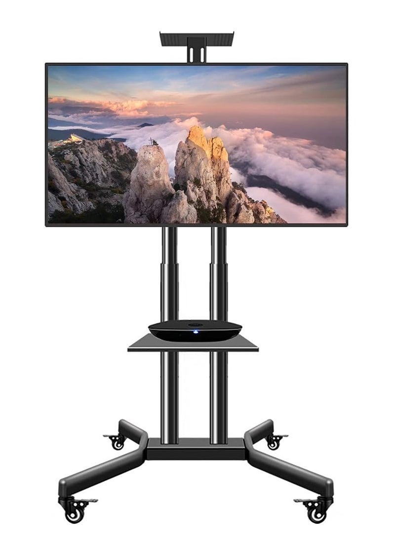 Mobile TV Stand Rolling TV Cart Floor TV Stand Trolley for 32” to 70” LCD LED Flat Curved Screen Tilt Height Adjustable TV Stand Mounted with Wheels 2 Media Shelves Cable Management