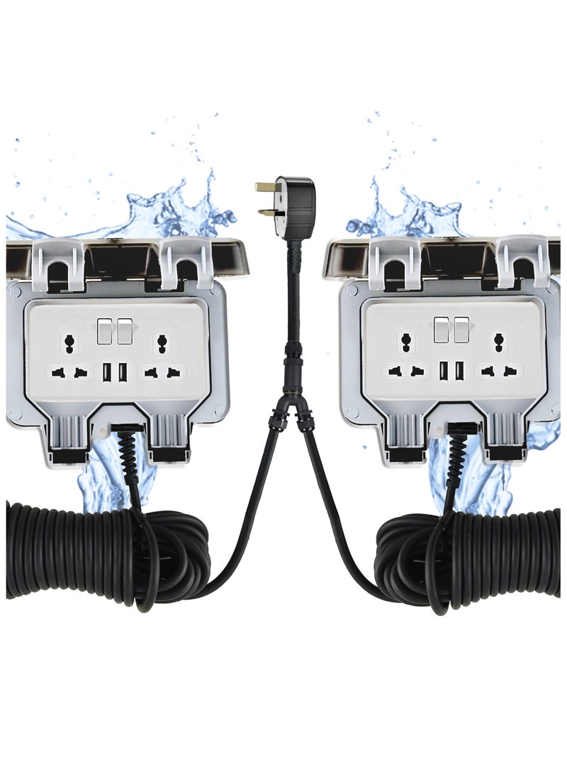 Hassan 2 USB Weatherproof Dual Universal Extension Socket 13A Waterproof with Heavy Duty Long Cord – Ideal for Garden, Garage, Kitchen, Outdoor IP66