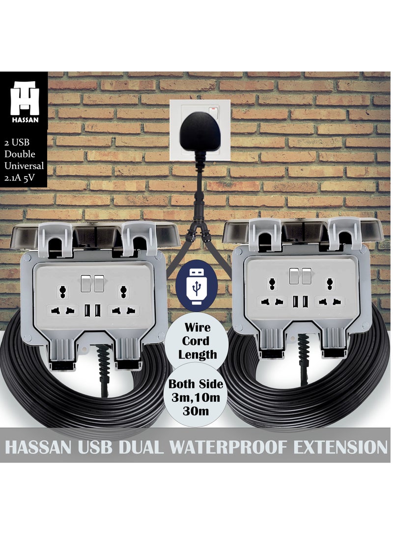 Hassan 2 USB Weatherproof Dual Universal Extension Socket 13A Waterproof with Heavy Duty Long Cord – Ideal for Garden, Garage, Kitchen, Outdoor IP66