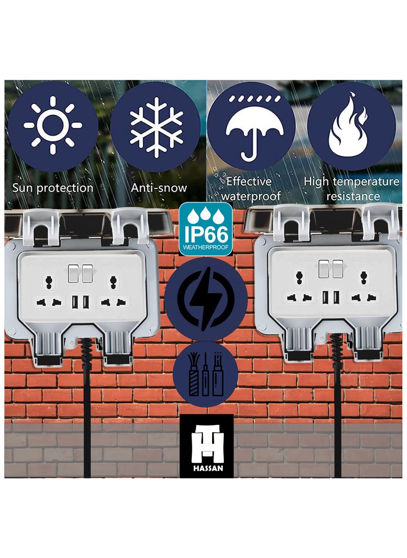 Hassan 2 USB Weatherproof Dual Universal Extension Socket 13A Waterproof with Heavy Duty Long Cord – Ideal for Garden, Garage, Kitchen, Outdoor IP66