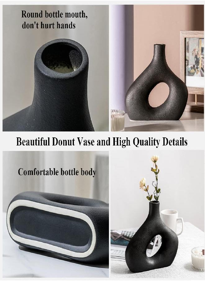 Donut Vase Set 2 for Modern Home Decor, Black Ceramic Vase Hollow Matte Pampas Flower Vases Minimalist Nordic Boho Ins Style for Wedding Dinner Table Party Office Bedroom - Decorative Gift